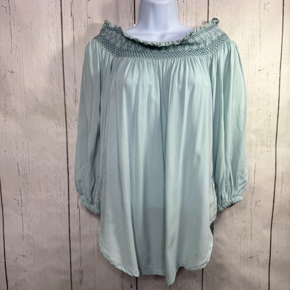 Holding Horses Light Blue Smocked Peasant Blouse Boho Off Shoulder Top Romantic